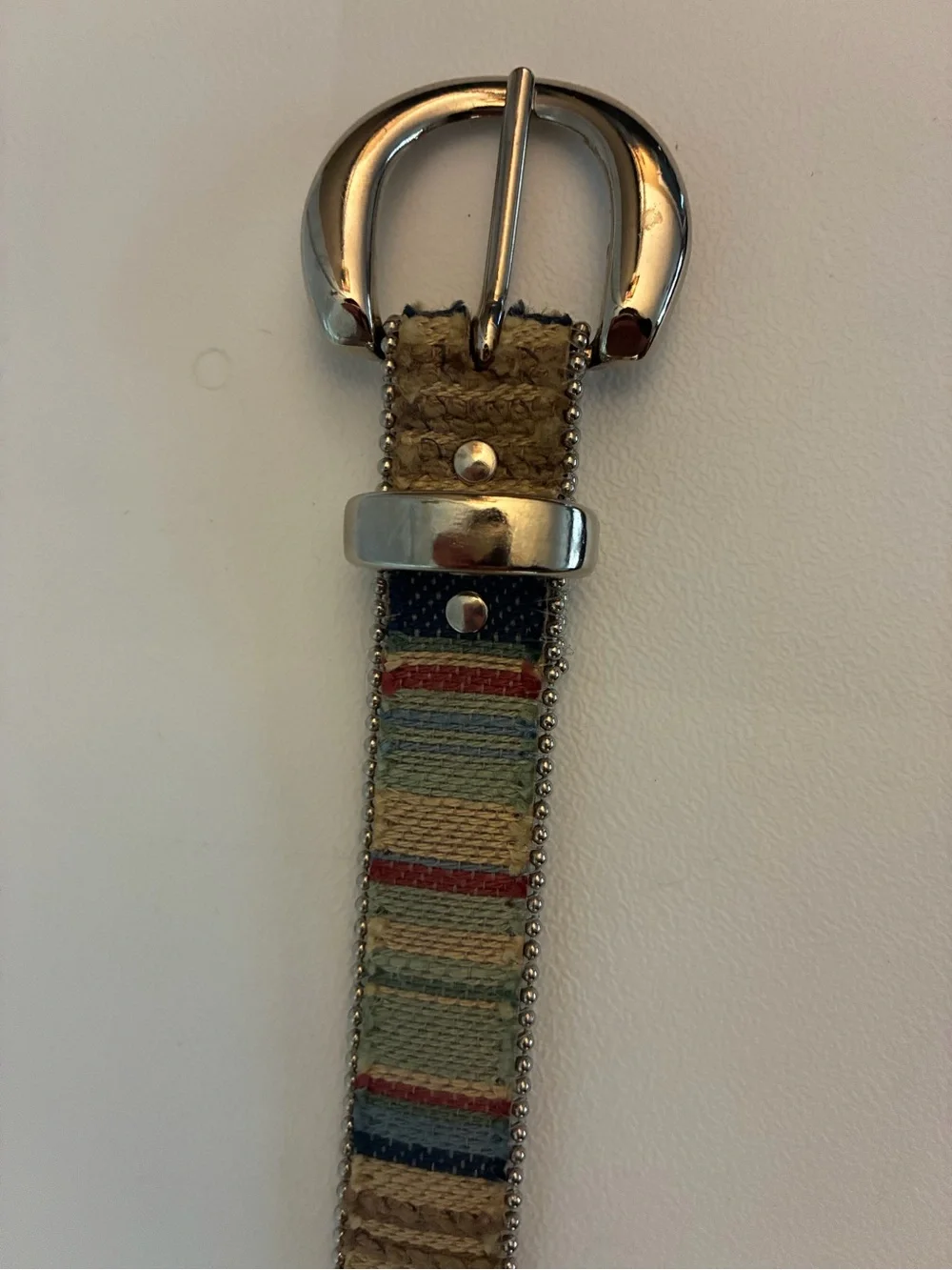 Vintage 90s Elite Fresno Woven Tapestry Belt Beaded Trim Silver Buckle M 3301